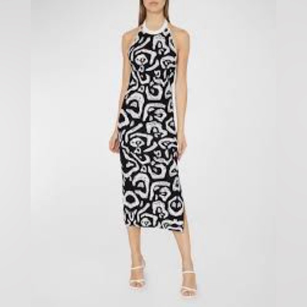 Milly Black and White Halter Bodycon Midi Dress Cocktail
